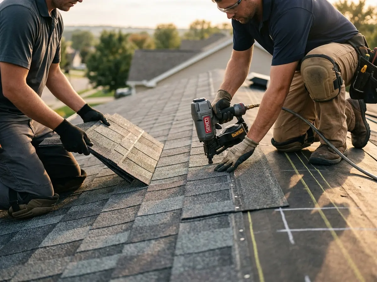 Professional roofer working on a residential roof in Camino Tassajara